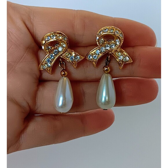 Jewelry - Clear Rhinestone Gold Tone Bow Faux Pearl Dangle Post Earrings Vintage 1.75 in